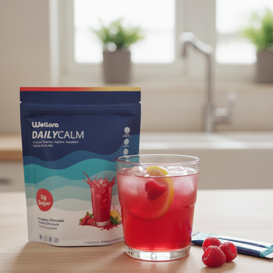 Wellora Dailycalm supplement package with a glass of red drink garnished with lemon and raspberries on a kitchen counter.